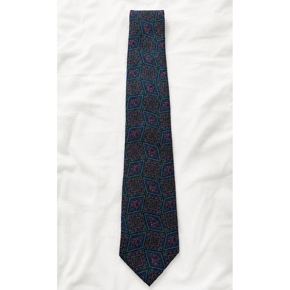 Vintage All Silk Geometric Paisley Tie Made in Korea Blue Red Necktie